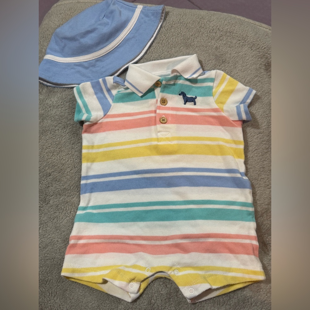 Striped Multicolor Kids Polo Shortall & Bucket Hat